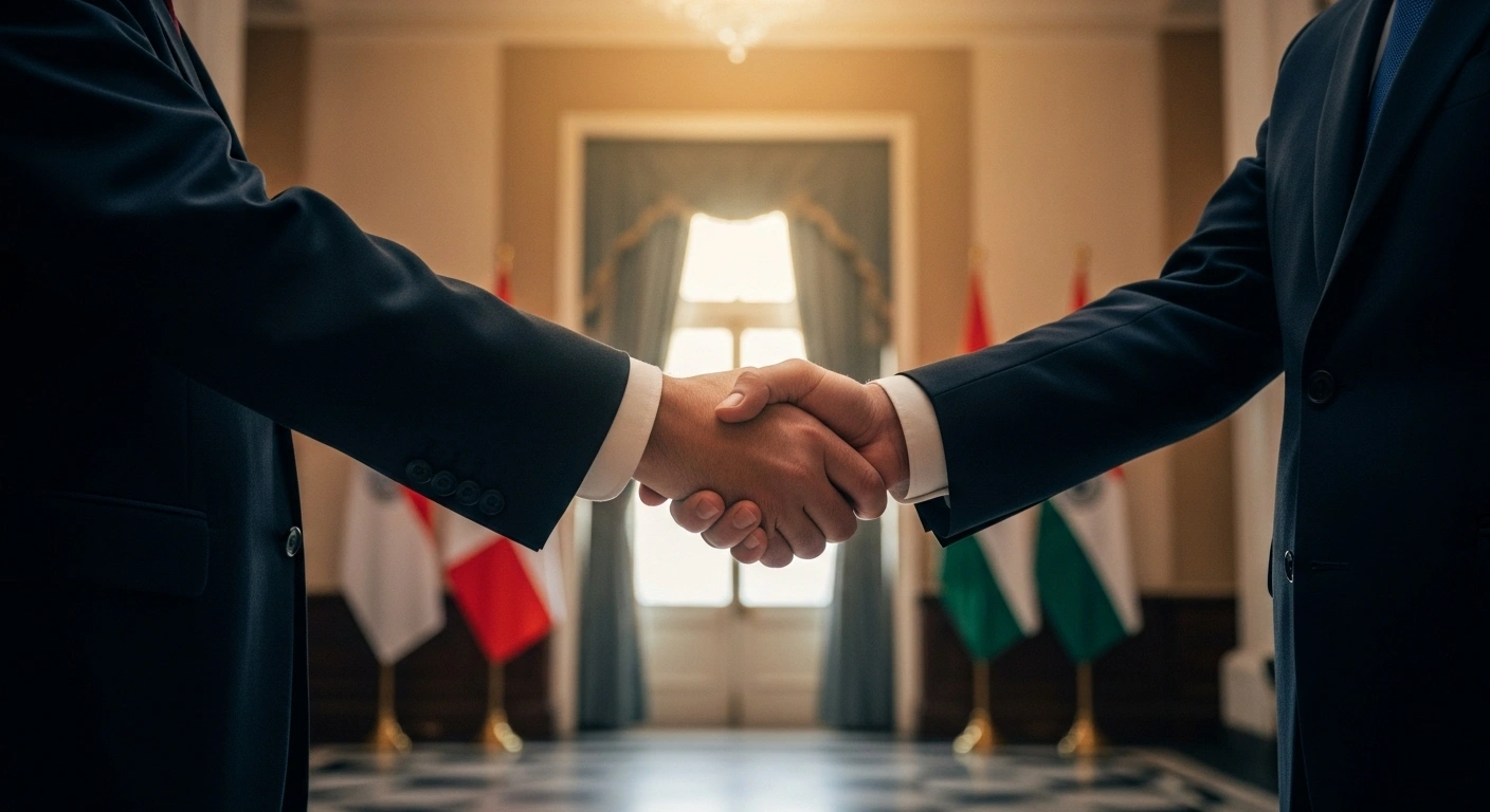 Canadian Foreign Minister Anita Anand and External Affairs Minister Subrahmanyam Jaishankar are depicted shaking hands in a formal setting during their high-level visit to India, aiming to reset strained bilateral ties following a diplomatic spat.