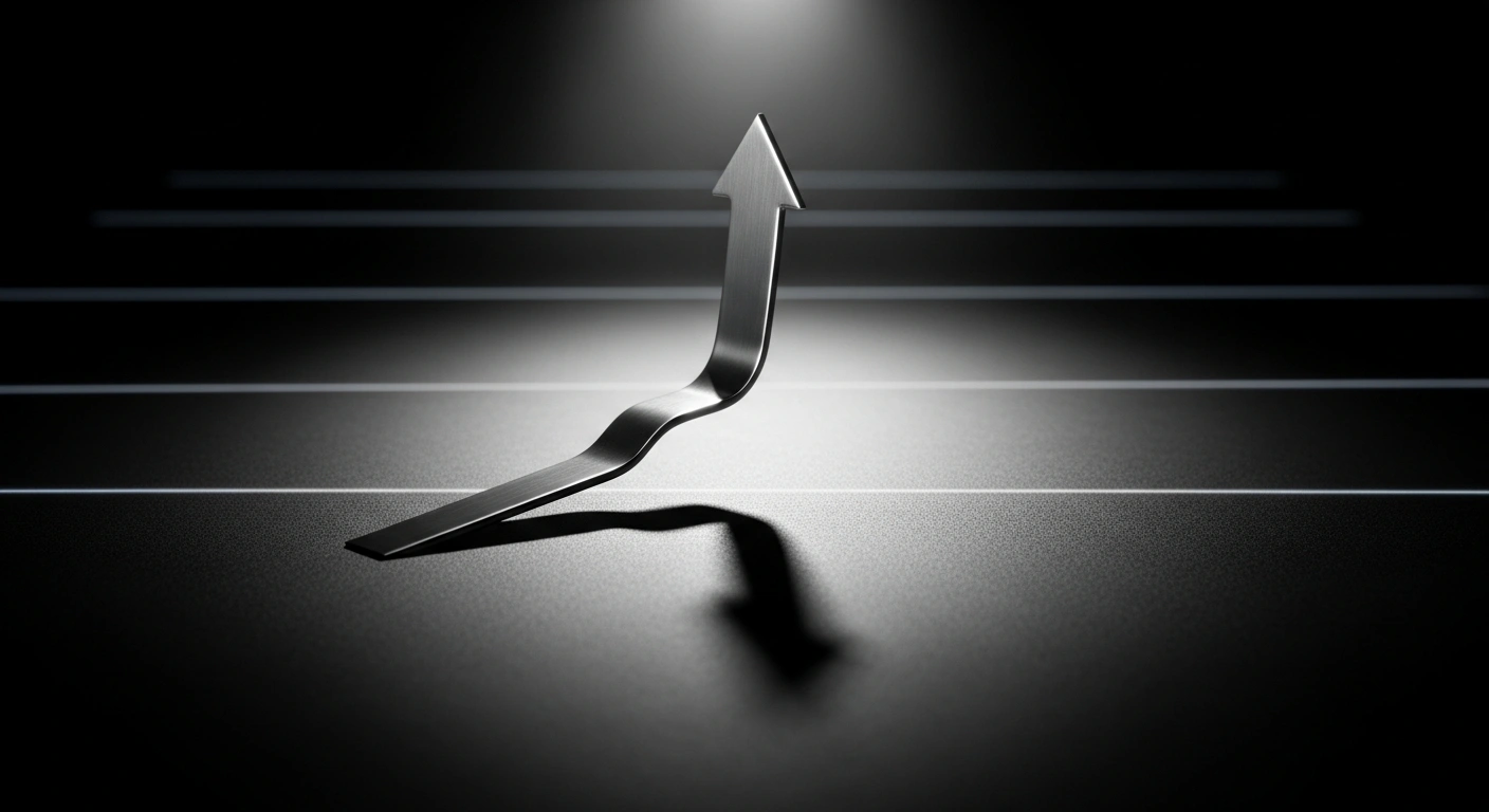 A polished metallic arrow points sharply upwards, dramatically lit by a spotlight, casting a long shadow on a dark surface, symbolizing the unexpected rise in Canada's annual inflation rate to 2.4% in December 2025, surpassing economists' predictions.