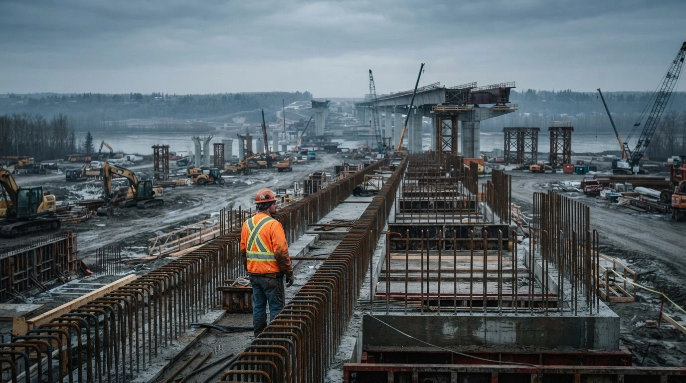 A lone construction worker stands at a large, unfinished Canadian infrastructure project site, illustrating concerns over labor shortages and project delays.