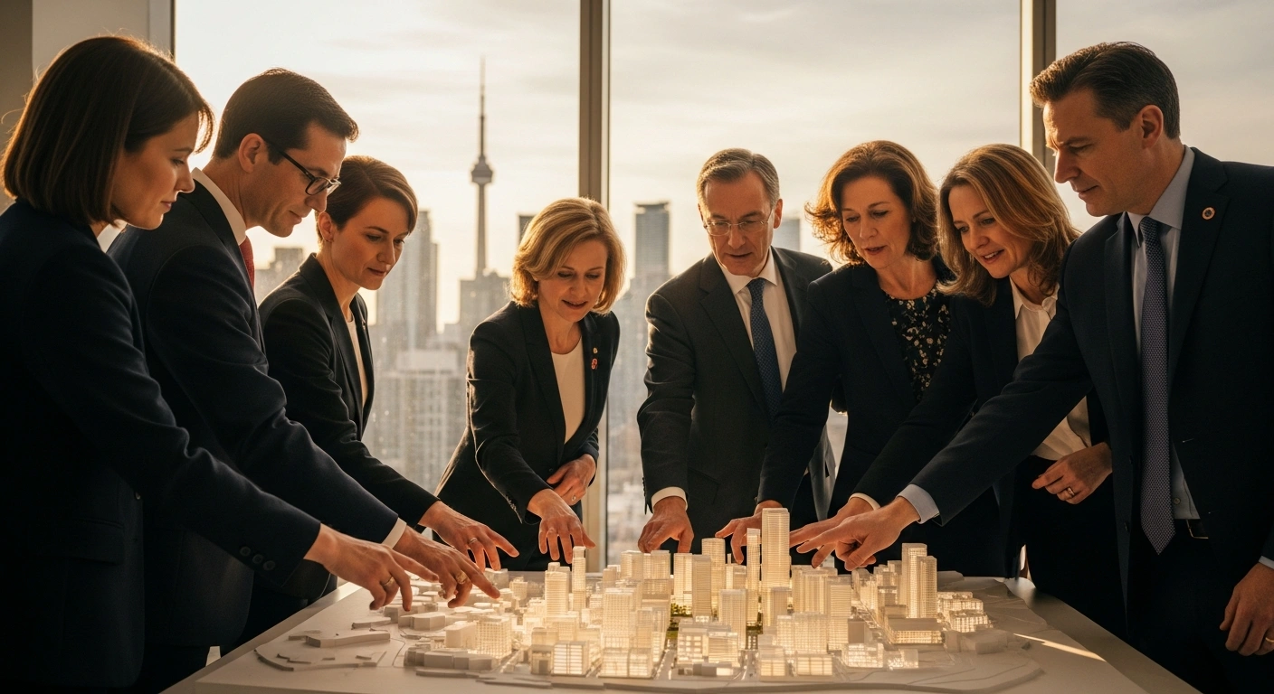 A diverse group of federal, provincial, and territorial ministers of housing and infrastructure are gathered around an illuminated architectural model of a future Canadian city, with the Toronto skyline visible in the soft-focus background, symbolizing their collaborative efforts to accelerate infrastructure projects and strengthen Canada's economy.