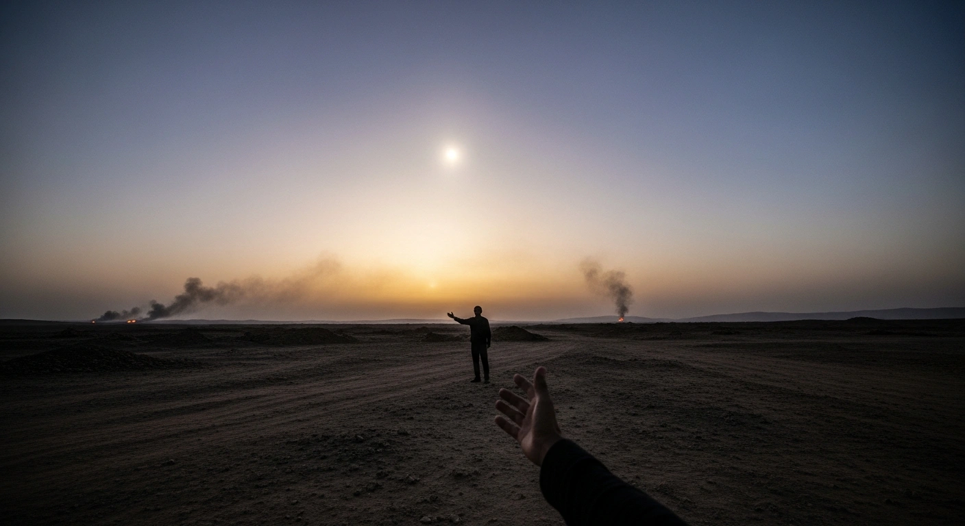 A solitary figure stands silhouetted against a twilight Middle Eastern landscape with distant smoke plumes, symbolizing Canada's condemnation of Iranian strikes on civilian infrastructure and its call for diplomatic resolution and consular support to restore regional stability.