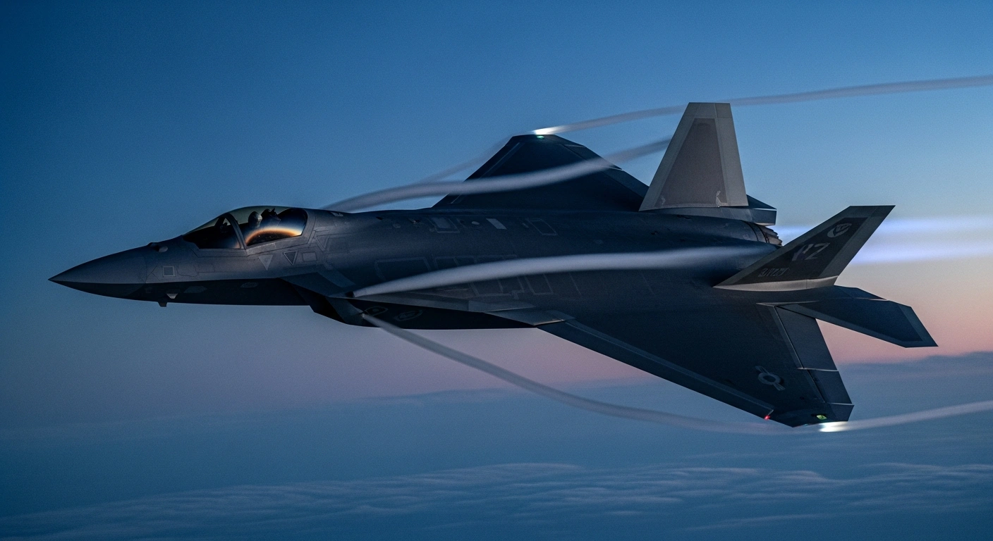 A futuristic sixth-generation stealth fighter jet flies through the sky, representing Canada's participation in the Global Combat Air Programme.