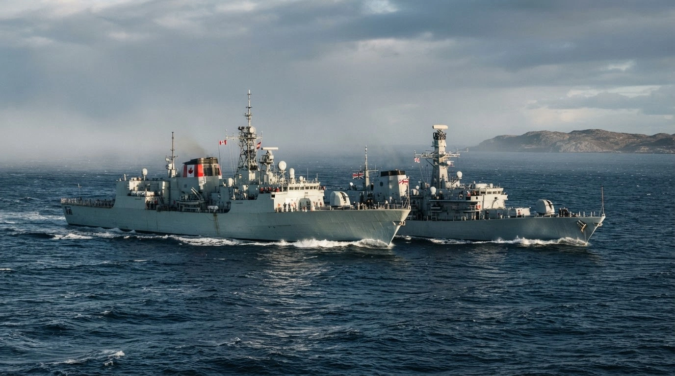 A Canadian naval ship and a British naval vessel sail together in the Arctic to represent Canada's application to join the Joint Expeditionary Force.
