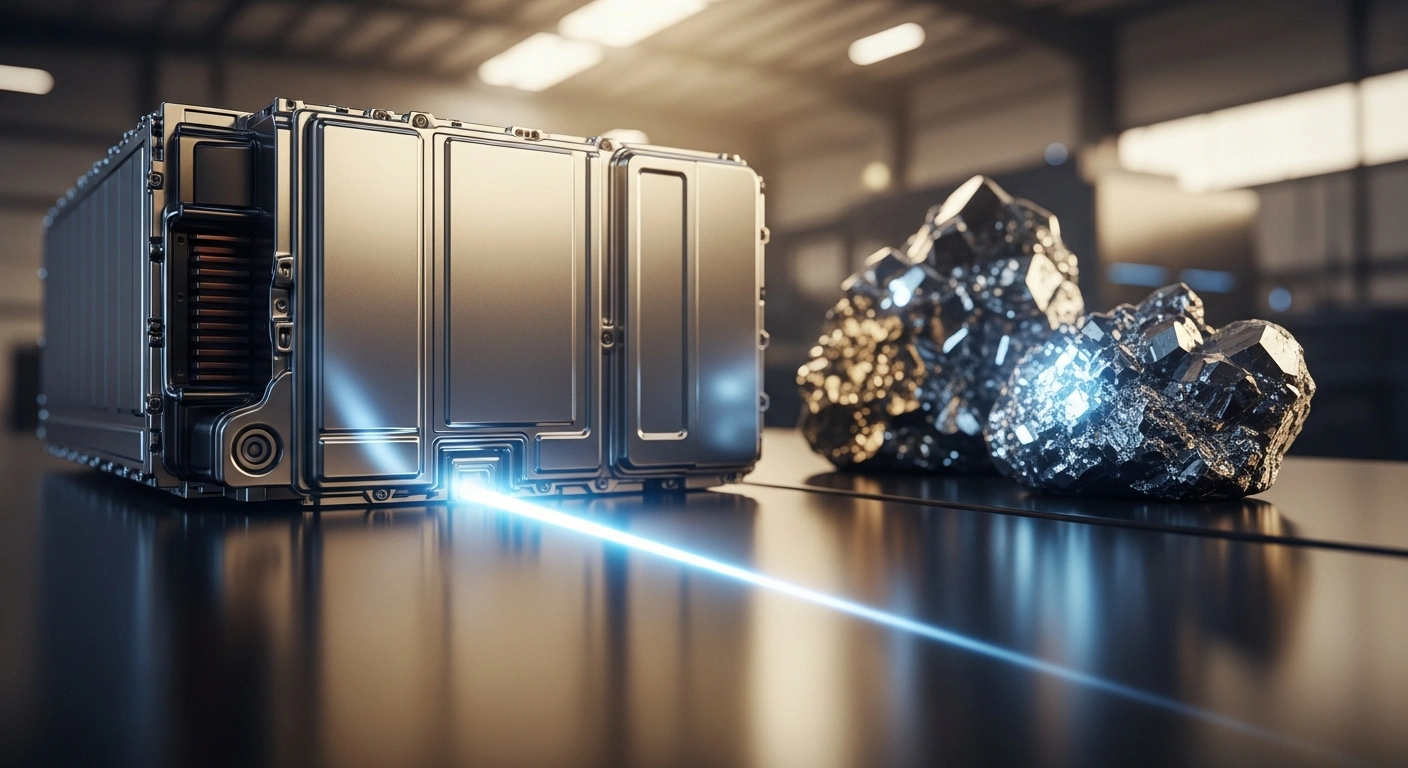 A close-up, low-angle shot features a sleek, metallic automotive battery pack in the foreground, with raw, lustrous critical minerals slightly out of focus behind it, set against a blurred modern industrial background, symbolizing the enhanced trade and investment agreement between Canada and South Korea focusing on automotive and critical minerals sectors.