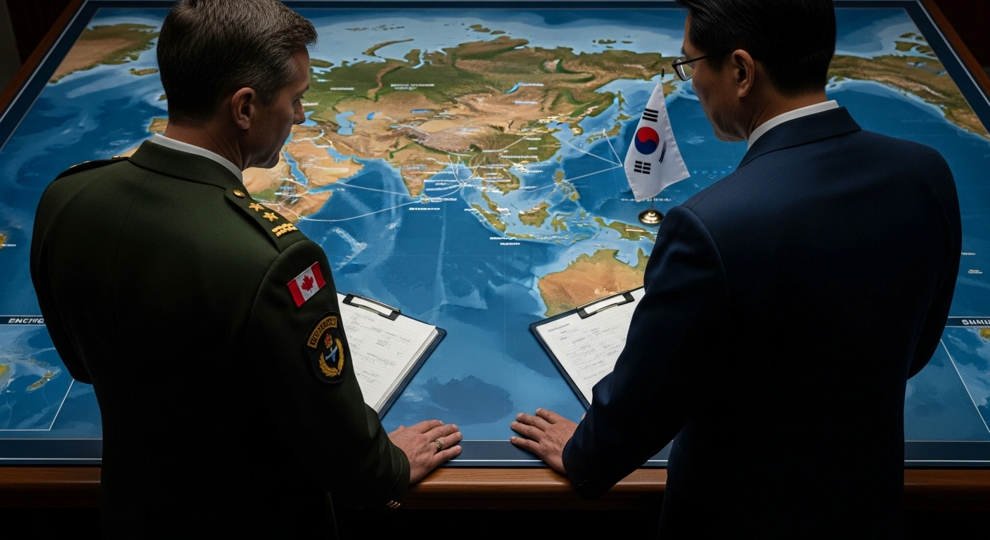 Two high-ranking military officers, one Canadian and one South Korean, are depicted standing side-by-side, intently observing a strategic map of the Indo-Pacific region, symbolizing their discussion on strengthening bilateral defense cooperation, including personnel exchanges and joint exercises.