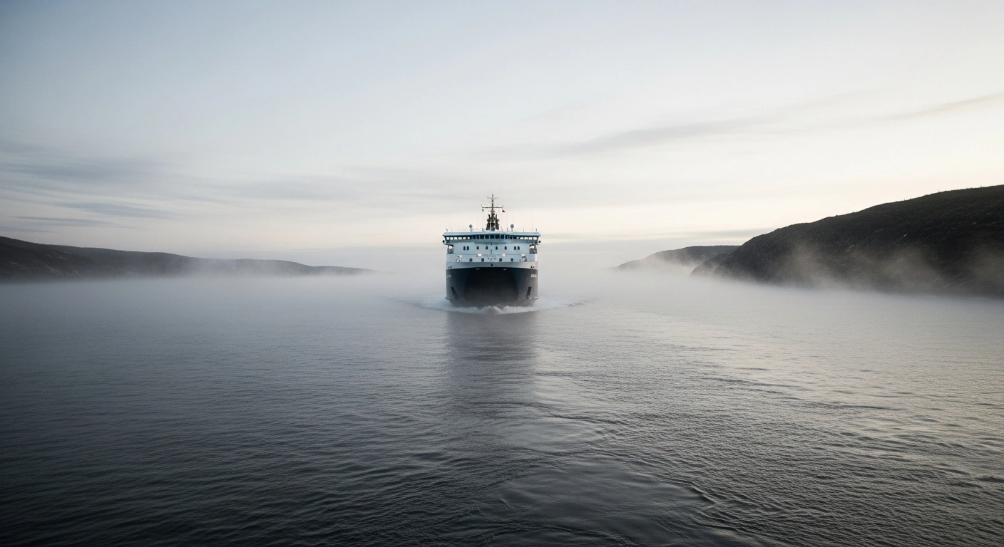 A ferry travels across the water toward the Canadian coastline as part of new maritime border security protocols.