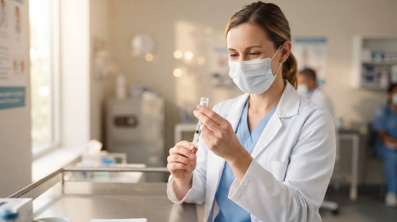 A healthcare professional prepares a vaccine in a clean clinic to symbolize the end of the measles outbreak in Canada.