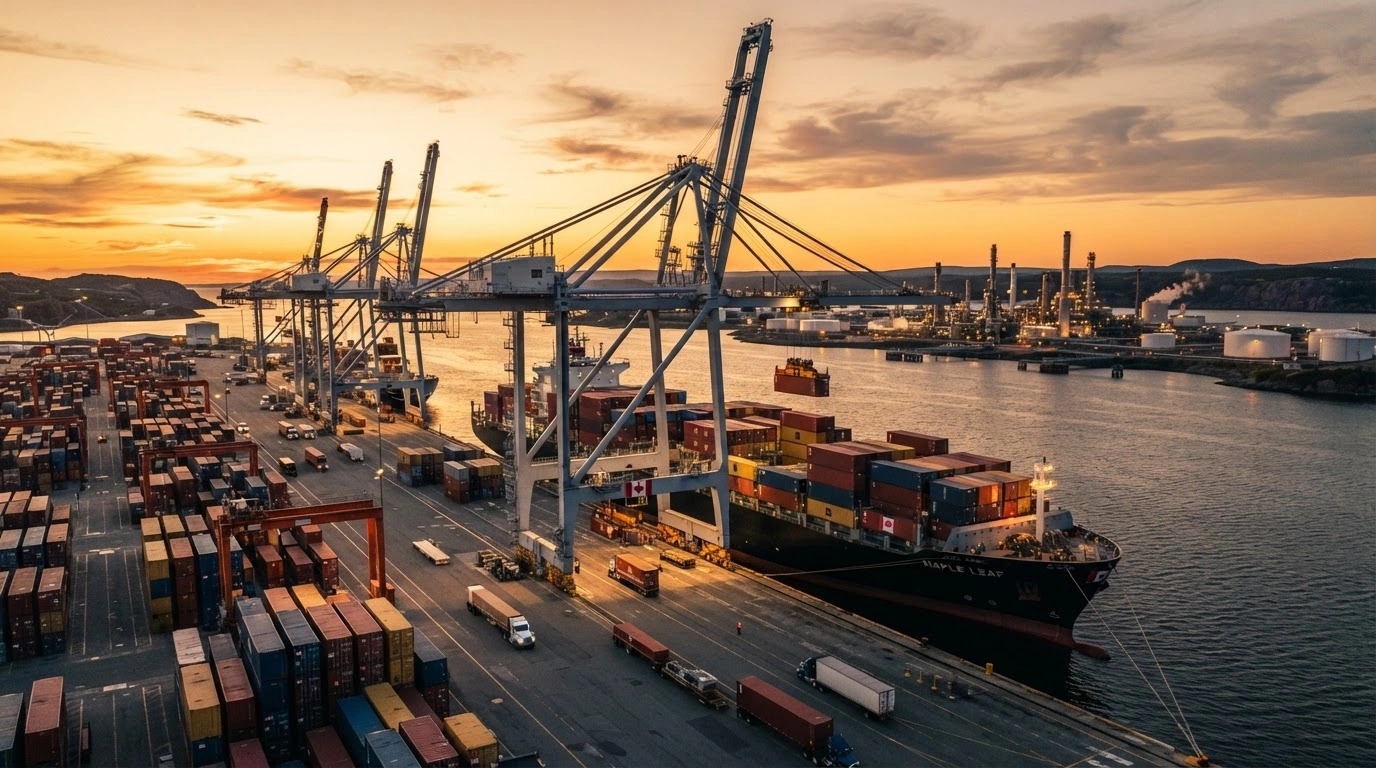 A busy Canadian shipping port at sunset illustrates the growth in merchandise trade surplus and international export activity.