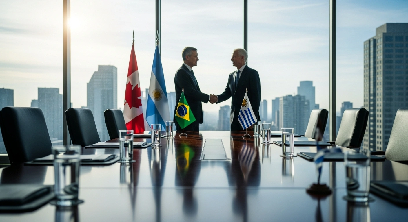 Diplomats from Canada and the Mercosur trade bloc nations meet in a modern boardroom to negotiate a new free-trade agreement.