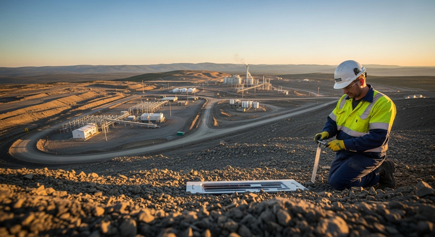 A geologist inspects a mineral sample at a modern, environmentally conscious mining site in Canada as part of the government's new project approval reforms.