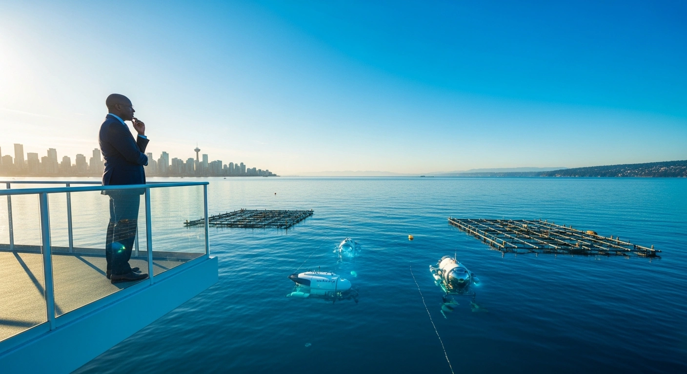 A parliamentary secretary stands on a modern observation deck overlooking a futuristic ocean scene with glowing submersibles and sustainable aquaculture structures, set against a Vancouver cityscape at golden hour, symbolizing new ocean technology projects supported by Canada's Ocean Supercluster for sustainable transformation, innovation, job creation, and economic growth.