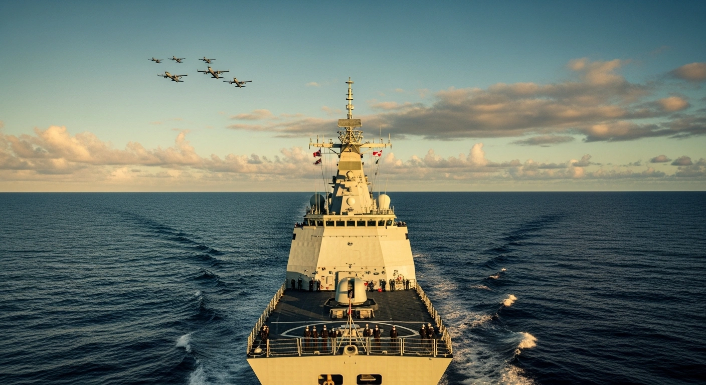 A Canadian Armed Forces warship sails through the Pacific Ocean near Hawaii during the 2026 RIMPAC international maritime exercise.