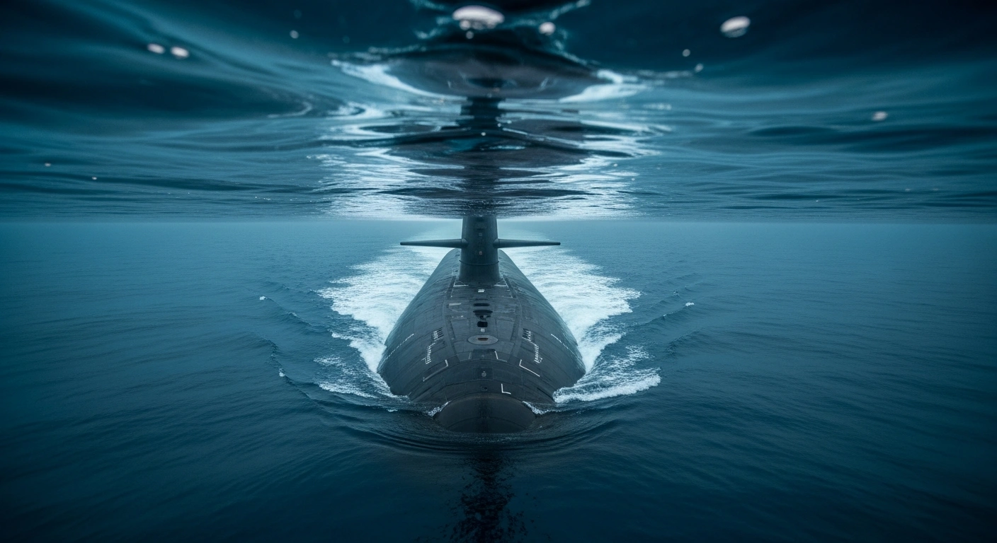 A modern Canadian patrol submarine navigates through deep ocean waters as part of the Canadian Patrol Submarine Project to modernize the national naval fleet.