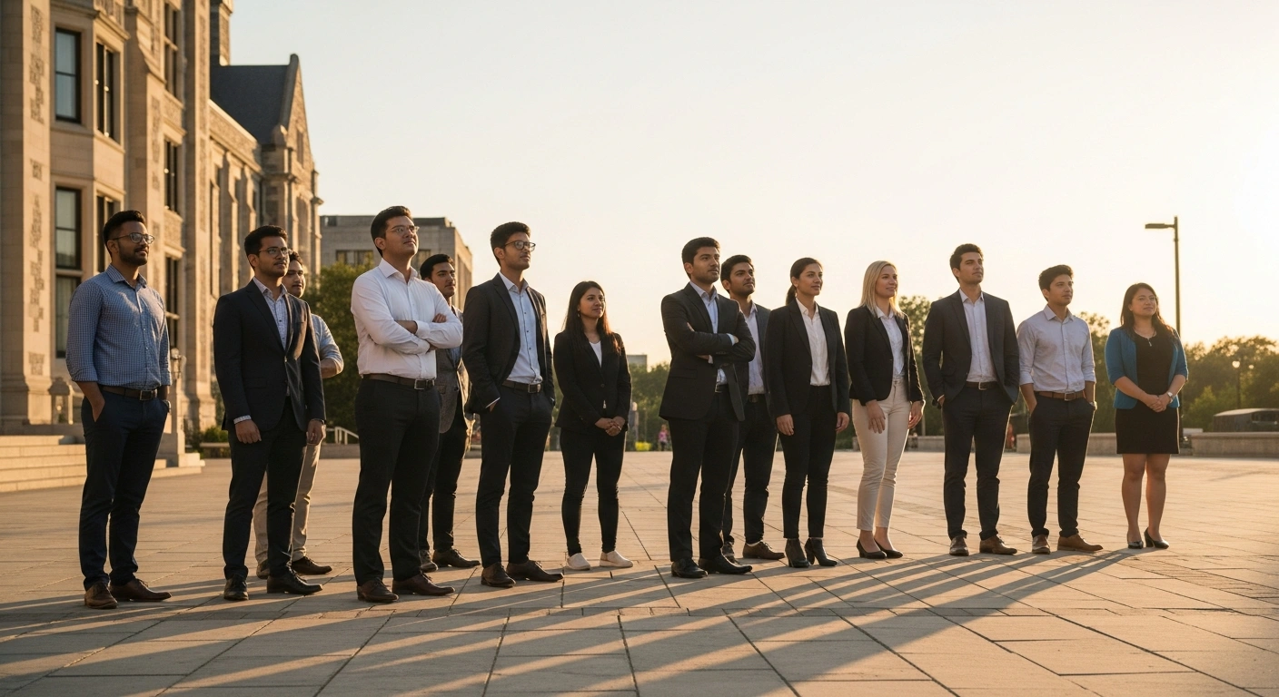 A diverse group of international students stands confidently on a university quad at golden hour, symbolizing the freeze on Post-Graduation Work Permit (PGWP) eligible educational programs by Immigration, Refugees and Citizenship Canada (IRCC) for 2026, offering clarity and certainty.