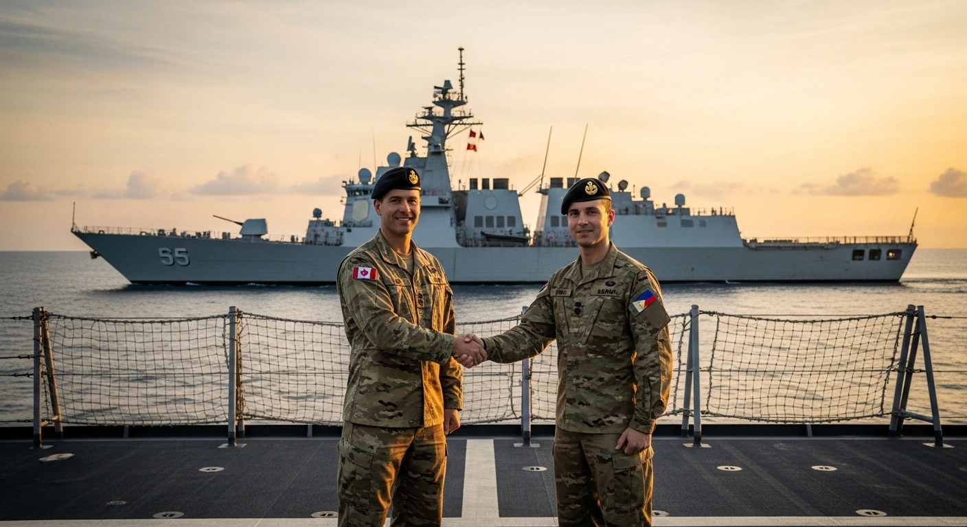 Canadian and Filipino military officers shake hands on a naval ship deck to represent the new defence cooperation agreement between the two nations.
