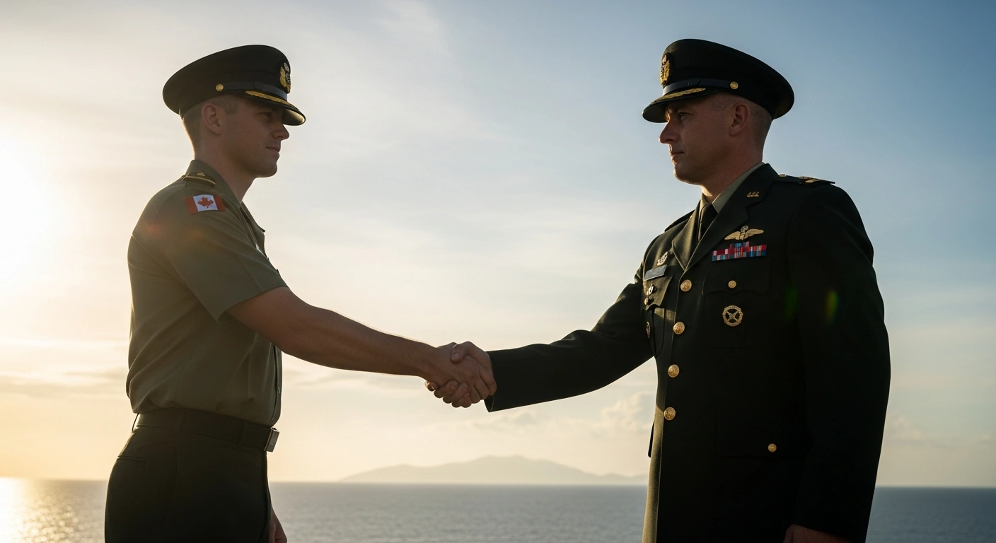 A Canadian and a Philippine military officer are shaking hands under a warm, late afternoon sun, symbolizing their newly inked Status of Visiting Forces Agreement (SOVFA) to boost joint military drills and security cooperation in the Indo-Pacific region, particularly concerning the South China Sea.