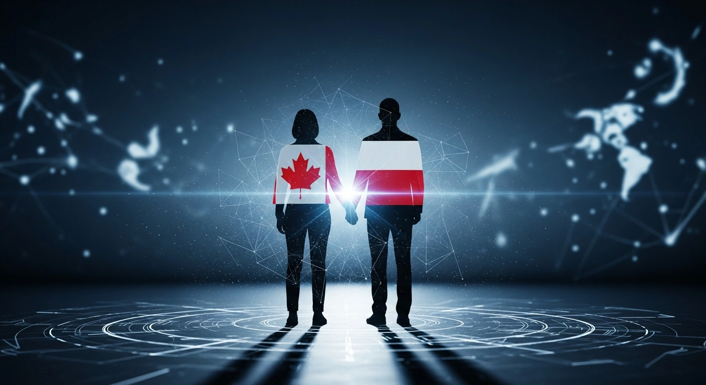 Two figures, one representing Canada and the other Poland, stand united on a digital platform, symbolizing their collaboration within the G7 Rapid Response Mechanism to bolster international efforts against foreign informational and cyber interference threatening democracy.