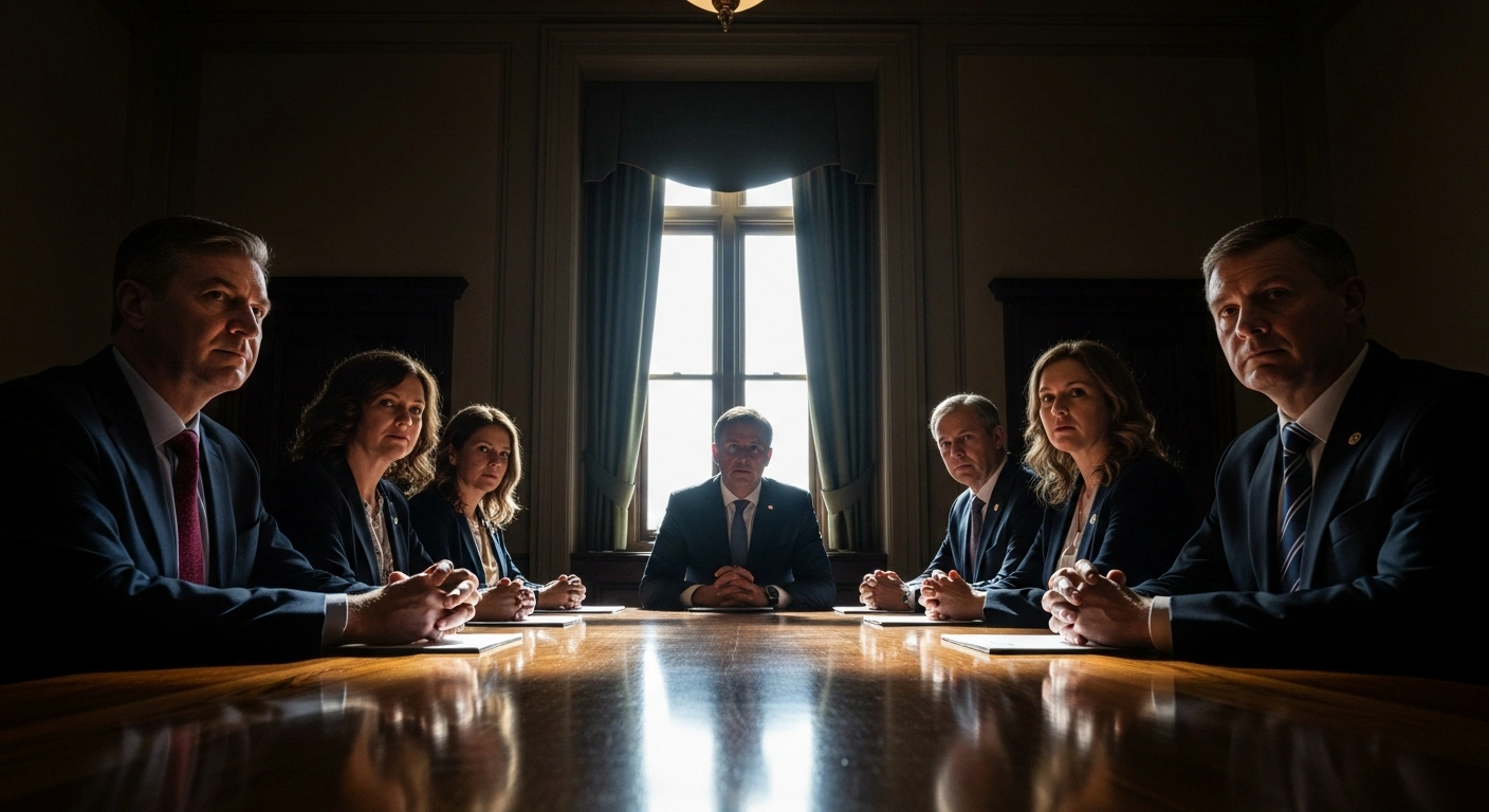 A low-angle, wide shot depicts Canadian premiers gathered around a polished oak table in a grand, dimly lit room, their determined faces illuminated by a single beam of light, symbolizing their unified 'Team Canada' approach to discussing the economy, affordability, and trade amidst upcoming CUSMA review and renewed trade tensions with the Trump administration.