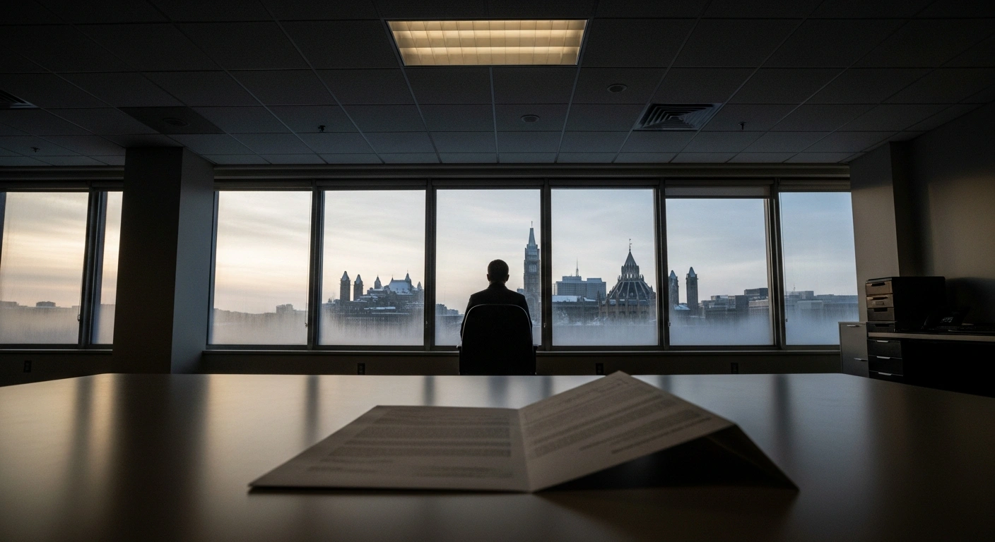 A solitary figure, representing a federal public servant in Canada, is silhouetted against a frosted window overlooking a snow-dusted Ottawa skyline, with an official document on a bare desk, symbolizing the Canadian government's plan for job cuts affecting 40,000 positions by 2028-29.