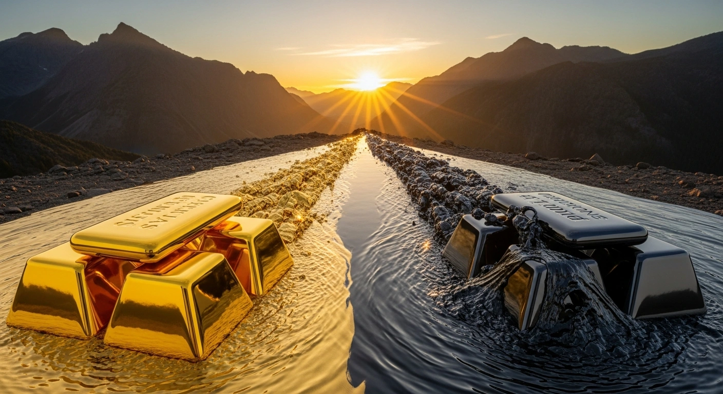 A golden sunrise over a rugged Canadian mountain range, with a gleaming gold ingot and a swirling pool of crude oil in the foreground, symbolizing Canada's record merchandise exports to countries beyond the United States, including gold to the UK and oil to China.