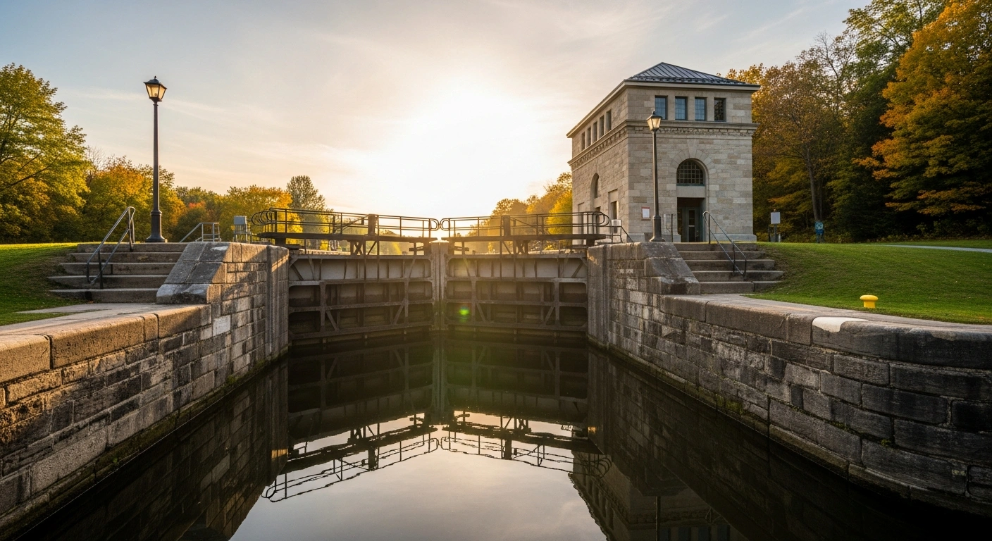 A historic lock gate on the Rideau Canal, bathed in warm late afternoon sunlight, symbolizing the Government of Canada's infrastructure investments for the preservation of this UNESCO World Heritage Site.