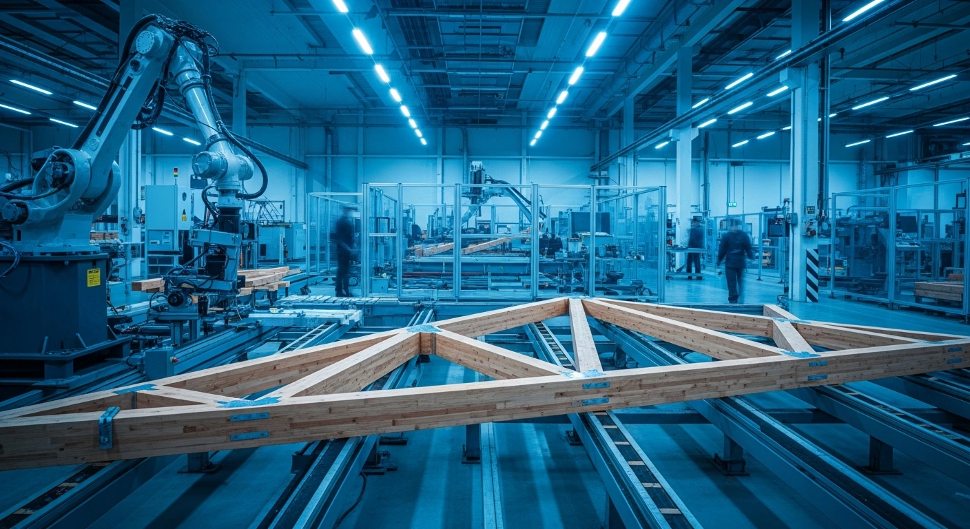 A robotic arm assembles wooden trusses inside a modern, automated manufacturing facility in Ontario, Canada.