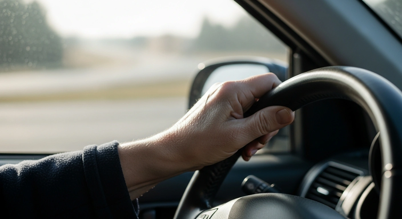 A close-up shot shows the weathered hand of a senior driver gripping a steering wheel, symbolizing the new Canadian federal guidelines for age-based assessments and more frequent licence renewals aimed at enhancing road safety.