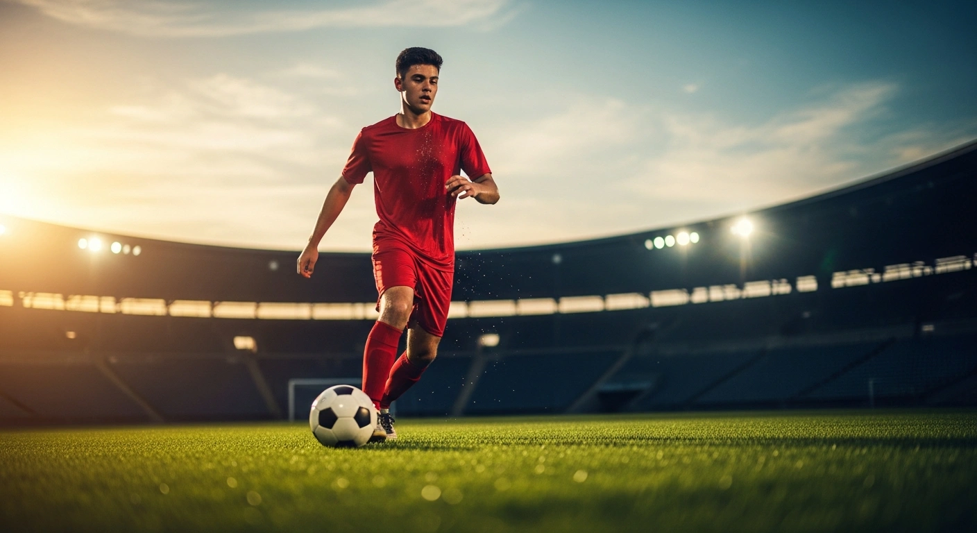A young Canadian soccer player runs across a professional stadium field during a training session for the Maurice Revello Tournament.