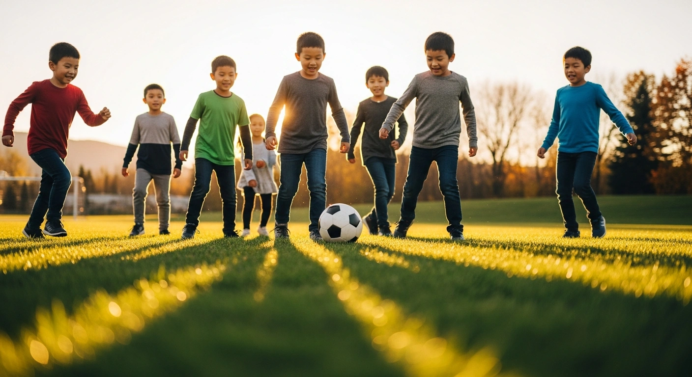 A group of children plays soccer on a field to celebrate Canada's upcoming role as a co-host for the 2026 FIFA World Cup.