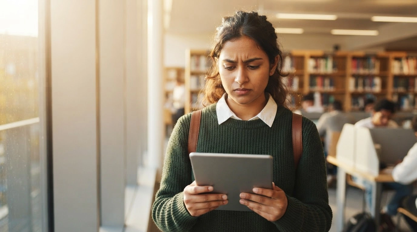 An international student reviews financial documents on a tablet in a university library to prepare for Canadian study permit requirements.