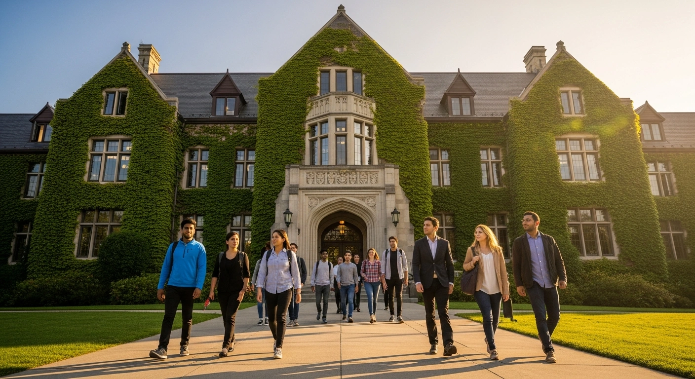 A diverse group of master's and PhD students walk confidently towards a grand, historic Canadian university building, bathed in golden morning light, symbolizing Canada's policy shift to attract top academic talent by exempting them from study permit caps.