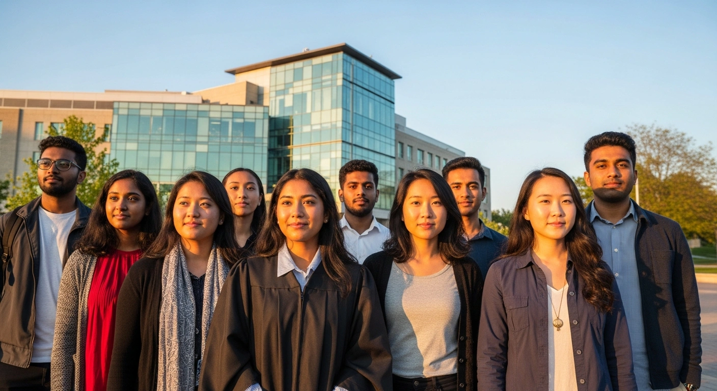 A diverse group of international graduate and doctoral students stands on a sun-drenched Canadian university campus, symbolizing Canada's new measures to prioritize their recruitment and expedite study permit processing by exempting them from the national enrollment cap.