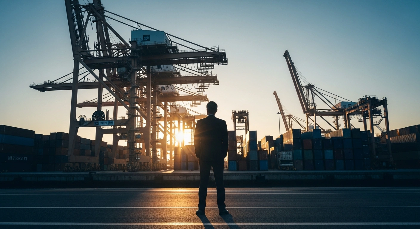 A professional figure stands at a busy shipping port overlooking containers, representing Canada's efforts to prevent forced labour in the national supply chain.