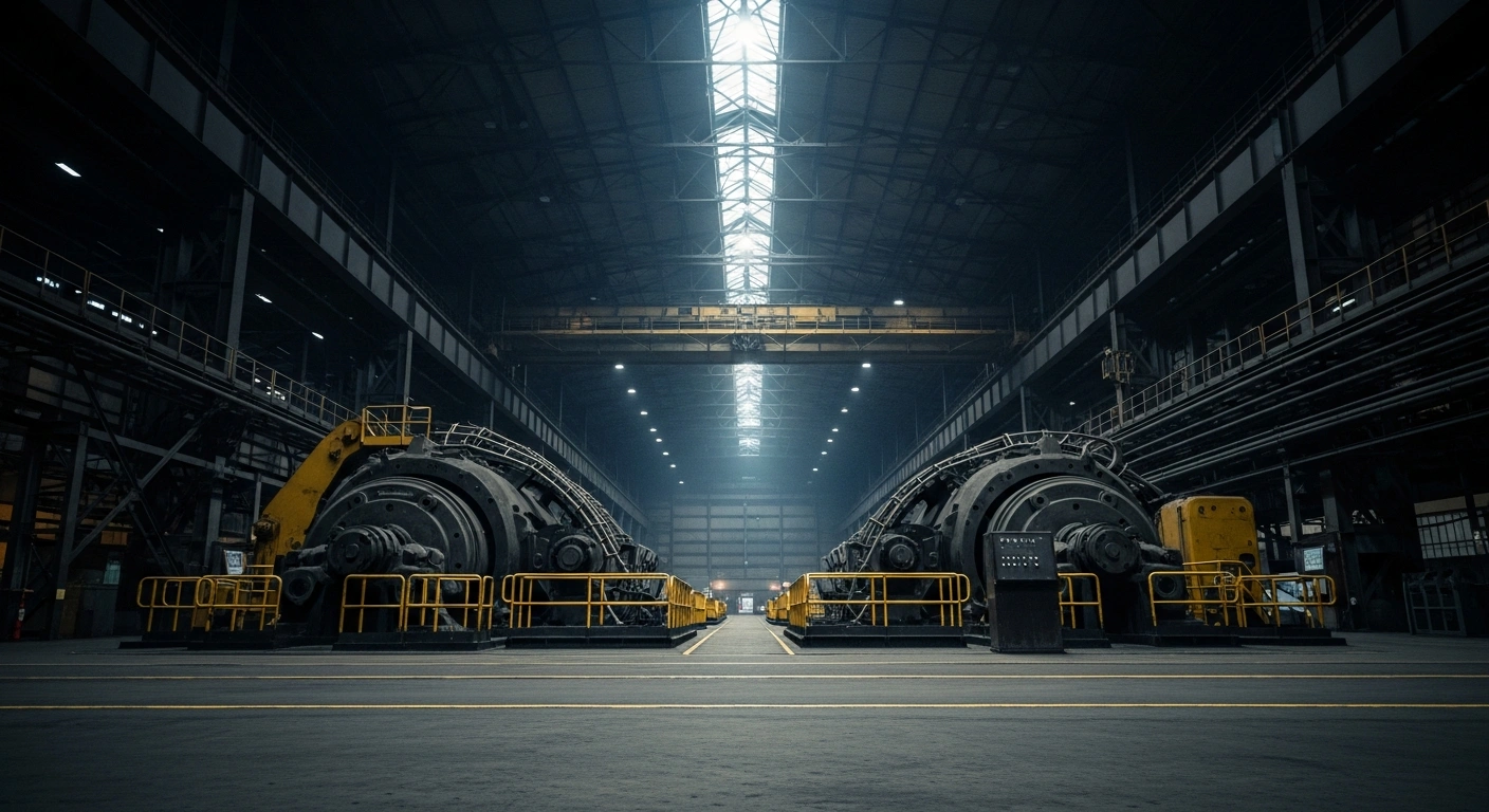 A dimly lit interior of a Canadian steel mill shows large, dormant machinery, symbolizing the escalating impact of tariff pressures on the nation's manufacturing sector, including steel, aluminum, and automotive industries, leading to potential job losses and increased costs amidst an uncertain trade environment.