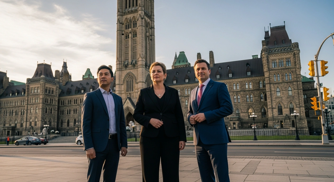 Leaders from Canada's major transit agencies stand in front of Parliament Hill in Ottawa to advocate for increased federal public transit funding.