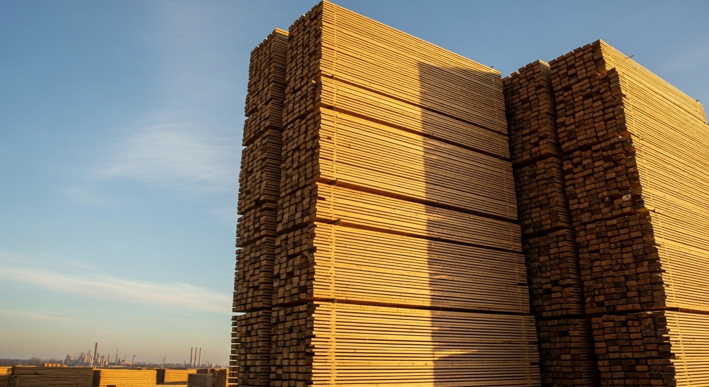 A low-angle wide shot captures an impossibly tall, perfectly stacked pyramid of raw, golden softwood lumber under a crisp blue sky, symbolizing Canada's substantial supply and the significant U.S. demand for lumber amidst trade negotiations and existing tariffs.
