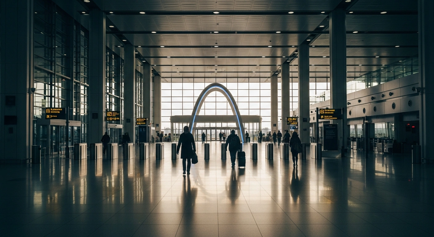 A wide shot of a modern airport terminal at dawn, with soft light illuminating a futuristic, glowing archway, representing the new preclearance facilities being established by Canada and the United States to streamline cross-border travel and enhance security.