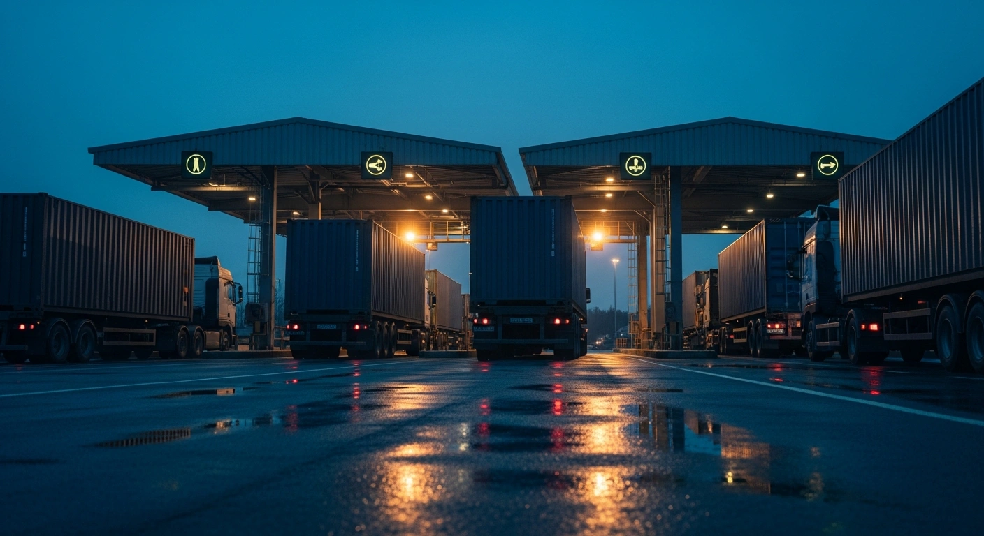 A fleet of freight trucks crosses an industrial border between Canada and the United States, representing the integrated supply chain and trade relations between the two nations.