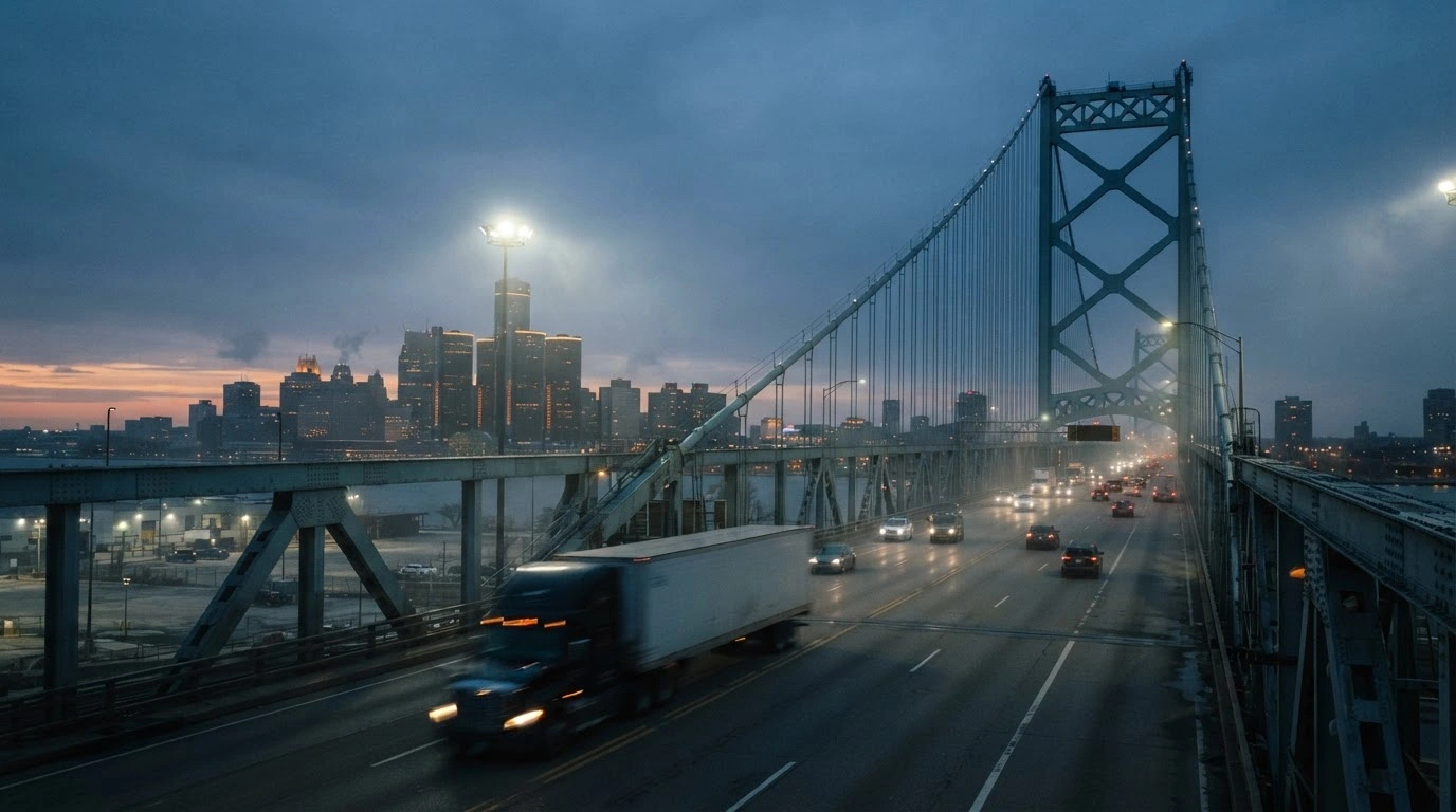 A heavy freight truck crosses the Ambassador Bridge at twilight, representing the ongoing trade tensions and economic supply chain challenges between Canada and the United States.