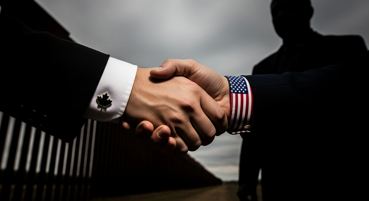 A close-up shot shows two hands, one representing Canada with a maple leaf cufflink and the other the U.S. with a stars-and-stripes pattern, engaged in a strained handshake against a blurred background of a border fence under an overcast sky, symbolizing the tense Canada-U.S. trade relations and the impact of U.S. policies like tariffs and renegotiation.