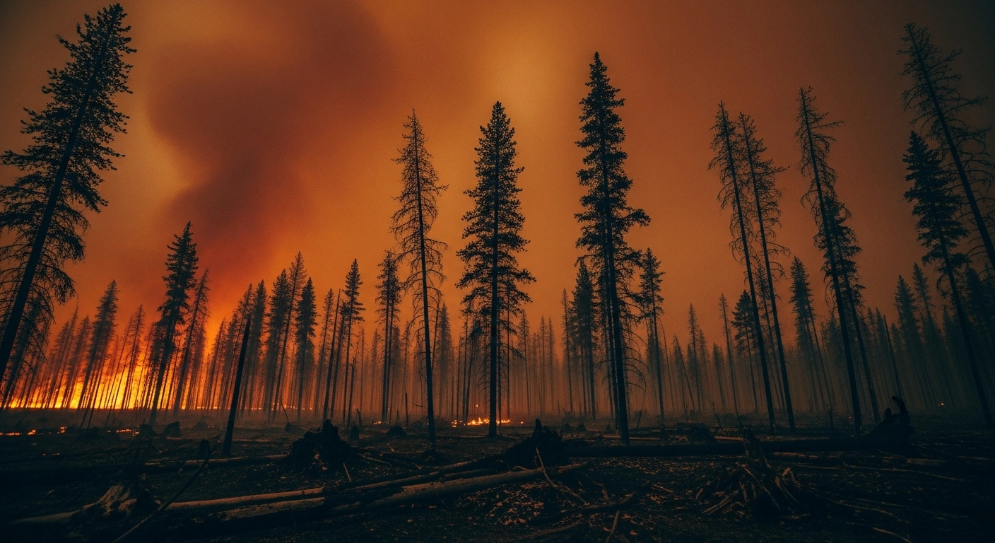 A massive wildfire burns through a dense Canadian forest, illustrating the increased risk of extreme fire weather caused by climate change.