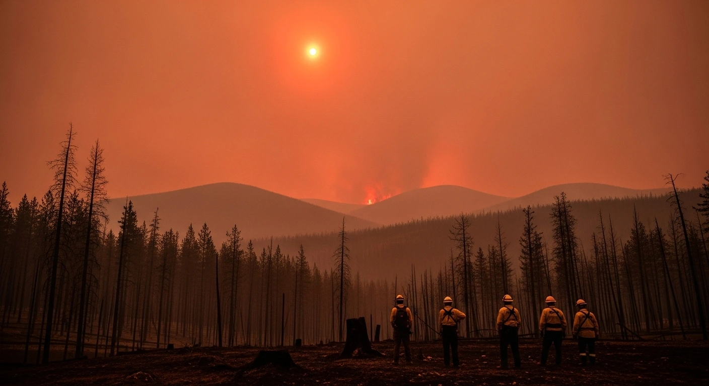 A wide shot captures a smoke-choked Canadian landscape at dawn, revealing a charred forest and distant smoldering hills with silhouetted wildfire responders in the foreground, symbolizing the 2025 wildfire season's devastation of over 8.3 million hectares and 85,000 evacuations, alongside efforts for future prevention and resilience.