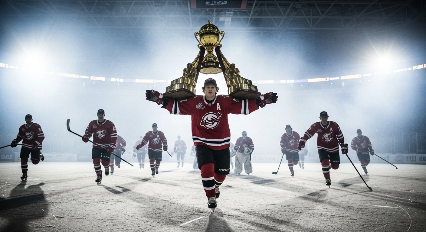 A young Canadian hockey player celebrates a gold medal victory on the ice after defeating the United States in the 2024 Hlinka Gretzky Cup championship game.