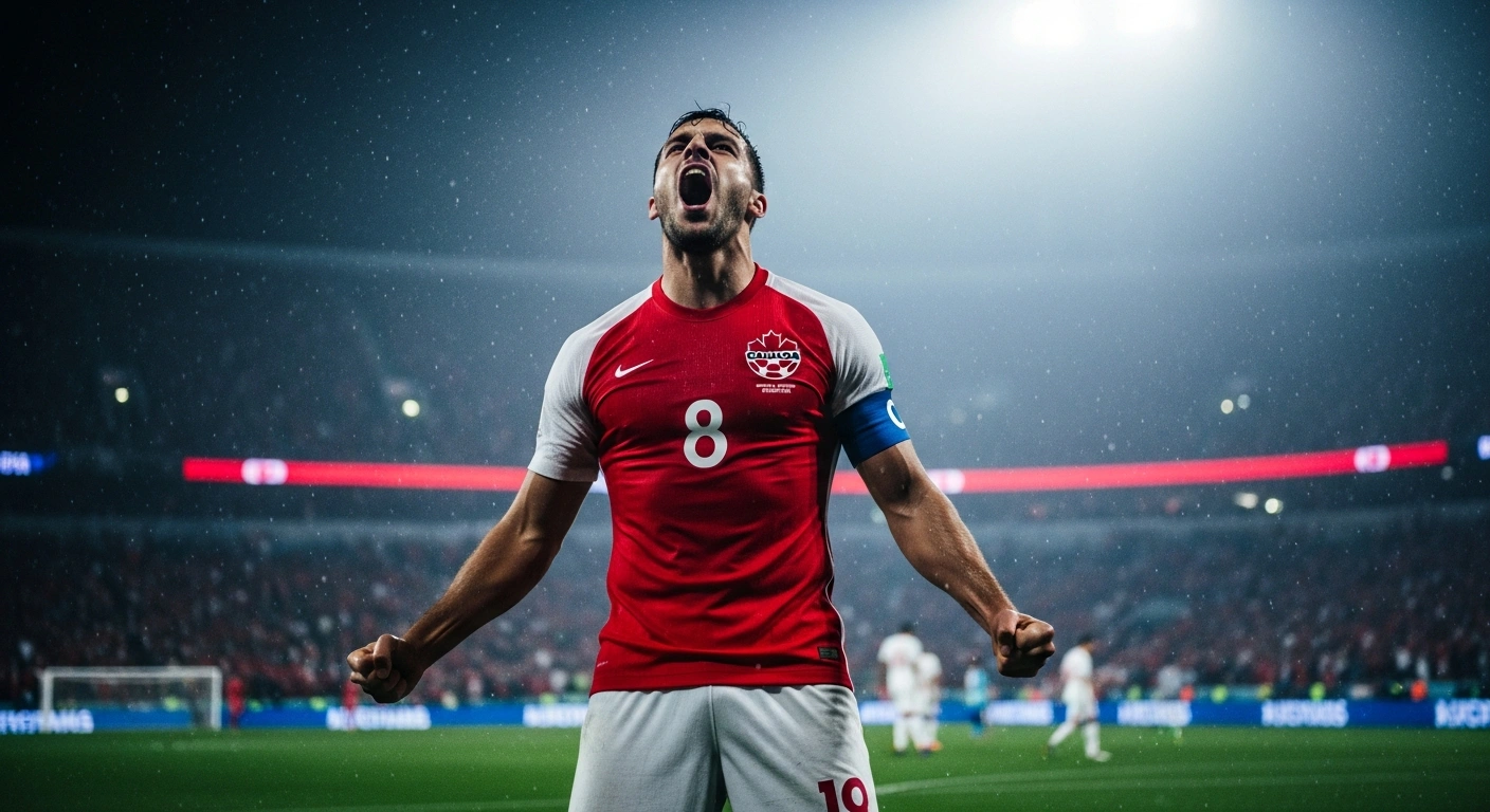 A Canadian women's national soccer player celebrates a penalty shootout victory against Argentina during the 2024 SheBelieves Cup.