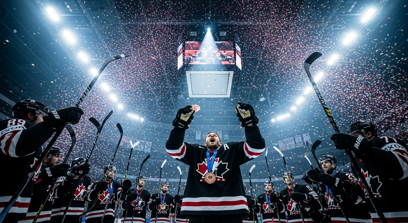 A low-angle, wide shot captures the Canadian hockey team in a triumphant huddle at center ice, sticks raised high, under a shower of red and white confetti, celebrating their 6-3 bronze medal victory over Finland at the 2026 IIHF World Junior Championship, featuring players like Sam O'Reilly, Gavin McKenna, Michael Hage, and record-setter Zayne Parekh.