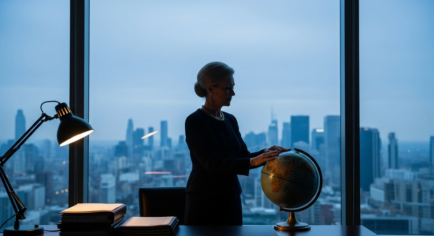 A distinguished woman, representing Kirsten Hillman, Canada's ambassador, stands in silhouette against a city skyline at dusk, reflecting on her significant role in negotiating the USMCA trade pact prior to her resignation.