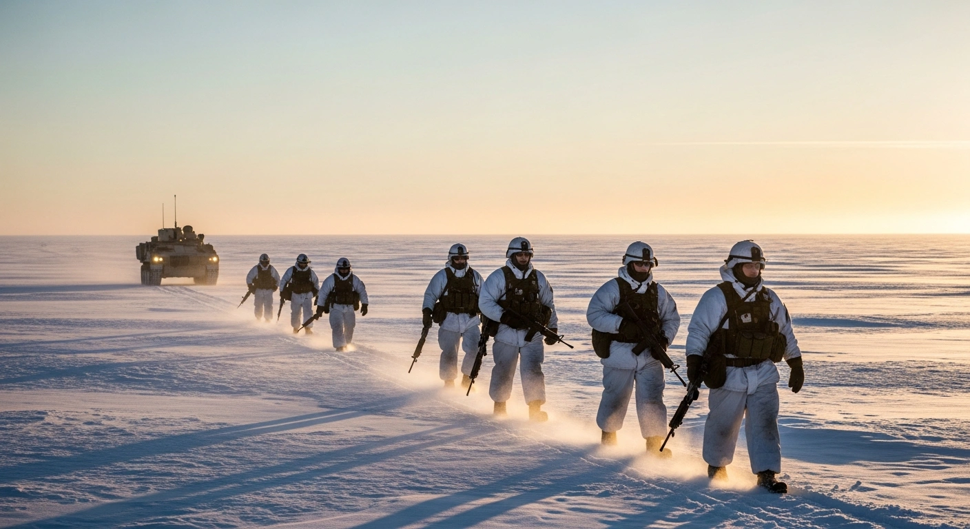 Canadian soldiers from the 3rd Canadian Division, participating in Operation NANOOK-NUNALIVUT 2026, are depicted traversing a vast, snow-covered Arctic landscape during a major exercise focused on asserting Canadian Arctic sovereignty and enhancing defense capabilities.