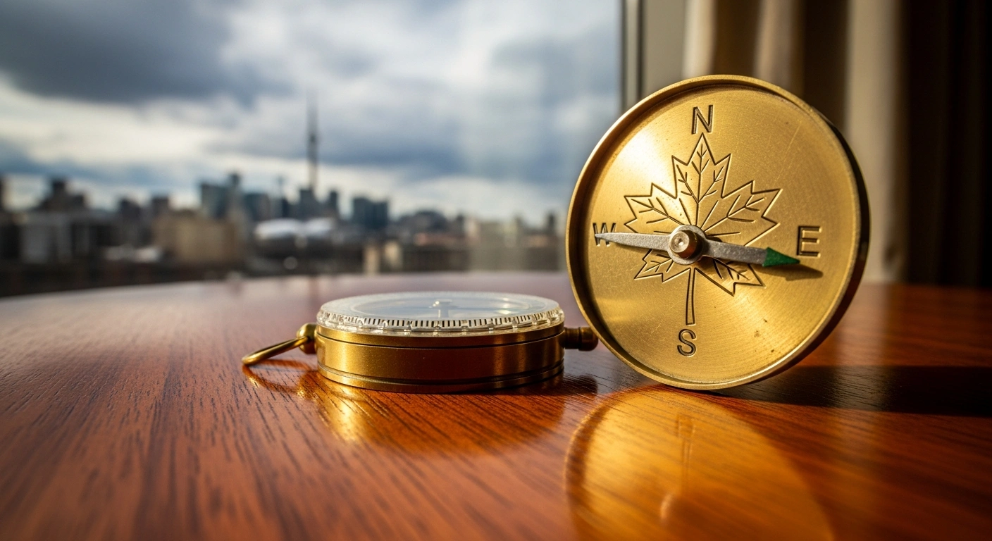 An antique brass compass with a subtle maple leaf design rests on a dark wooden table, with a blurred, modern Canadian cityscape visible through a window in the background, symbolizing the Canadian Chamber of Commerce's 100th anniversary and its focus on business resilience and adaptability.