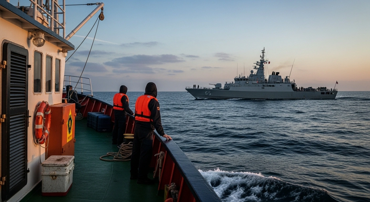 A humanitarian aid vessel, part of the Global Sumud Flotilla, is shown at sea under a cold dawn sky, being approached by a military patrol boat, symbolizing the interception by Israeli forces of Canadian citizens en route to Gaza to challenge the blockade.