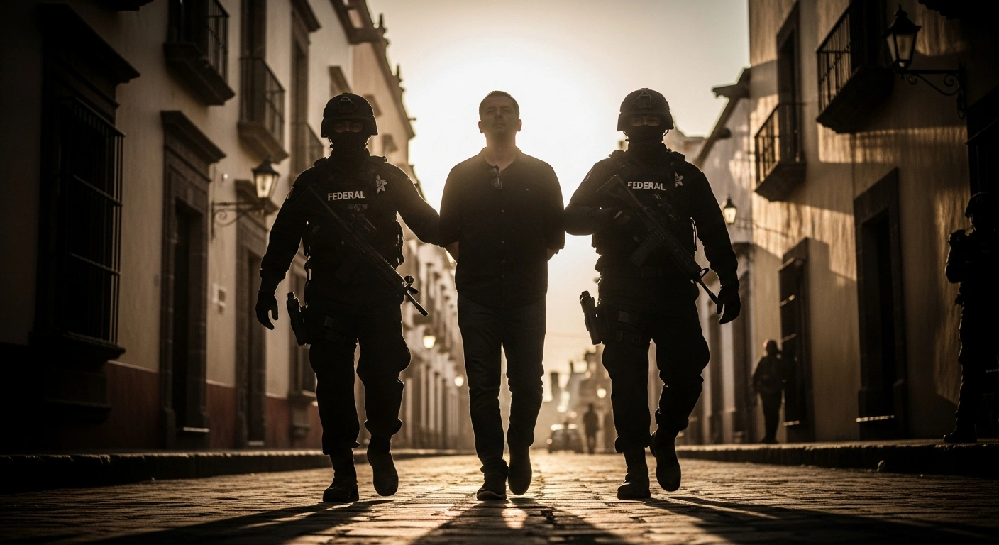 A Canadian fugitive wanted for a 2015 double homicide is escorted by Mexican authorities following his arrest in Mexico.